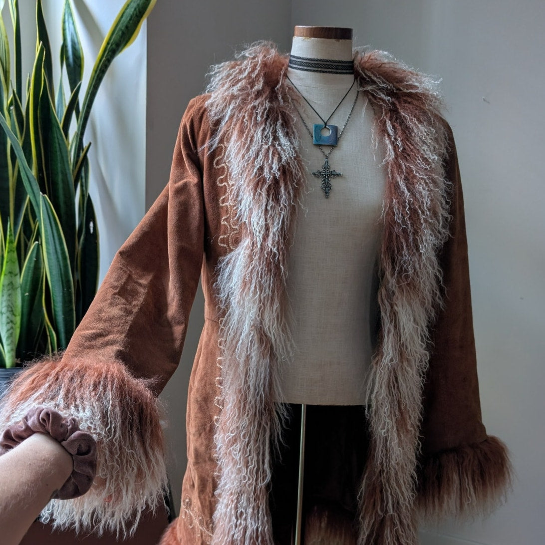 Vintage Rusty Brown Suede Coat Penny Lane Trench Groovy Fur Jacket Afghan Medium