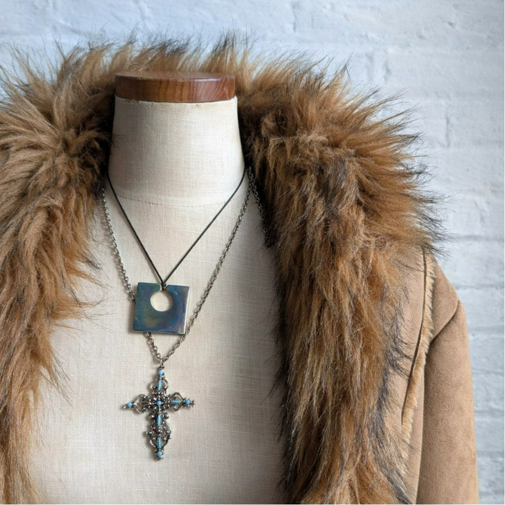 Y2K Vintage Brown Suede Penny Lane Jacket Faux Fur Fuzz Leather Boho Trench Coat