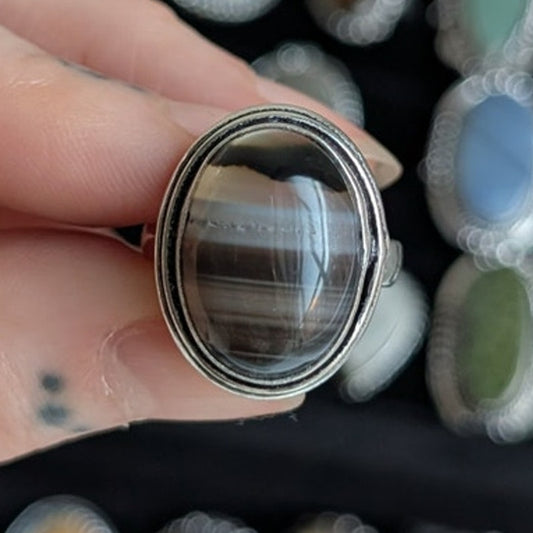 Black Smoke Striped Sterling Silver Ring Retro Vintage Boho Natural Stone Size 8