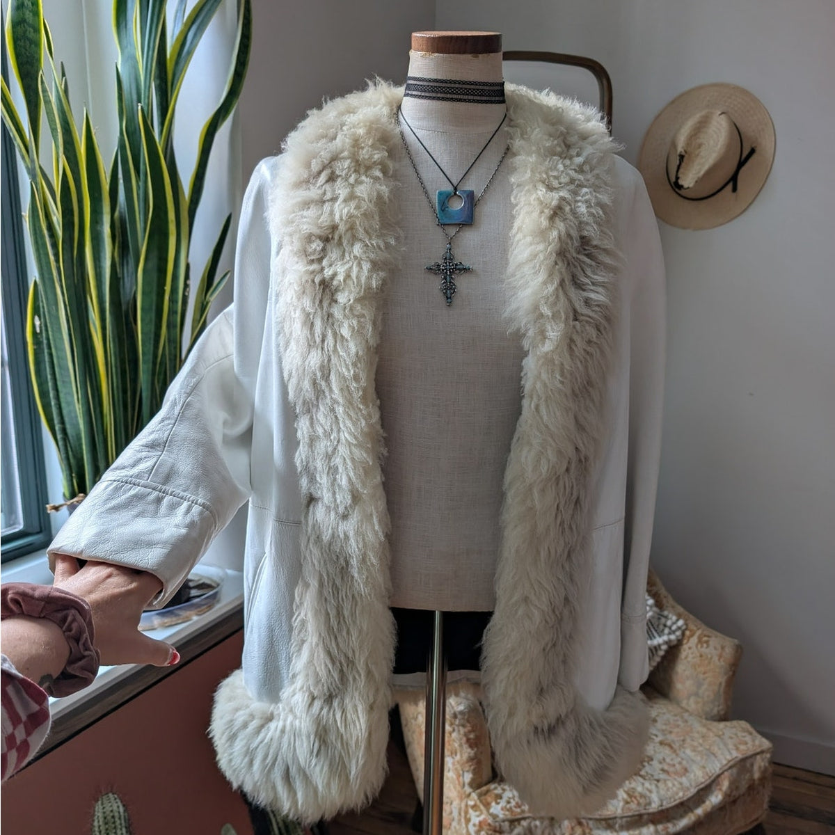 70s White Leather Penny Lane Coat L Vintage Afghan Jacket Boho Wedding Fur Coat