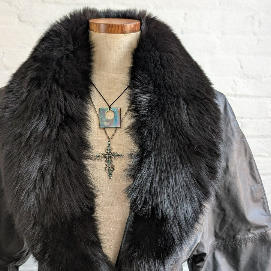 Vintage Black Leather Penny Lane Coat Fur Trench Minimalist Goth Furry Jacket