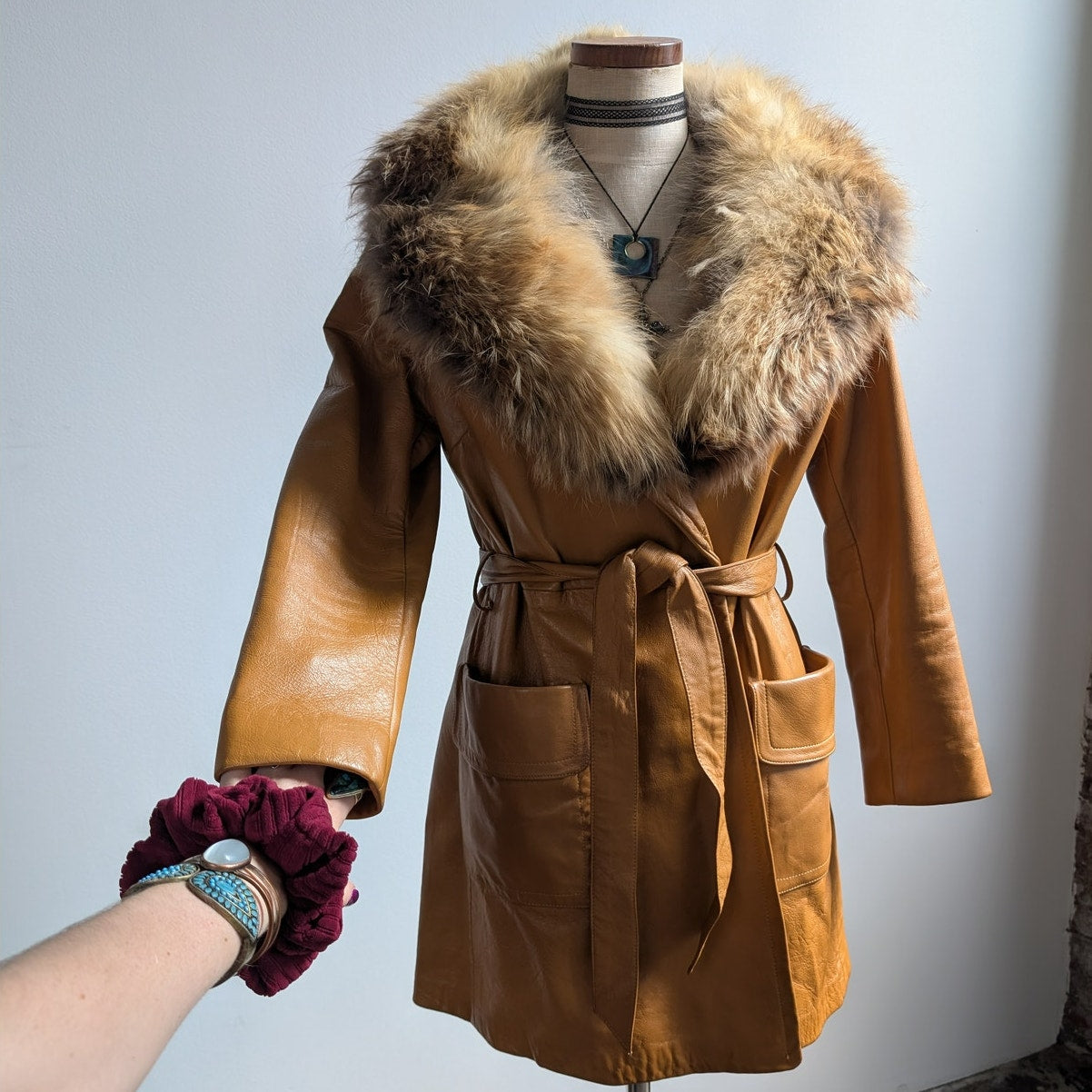 Vintage Mustard Leather Penny Lane Jacket Groovy Fur Trim 70s Trench Coat Medium