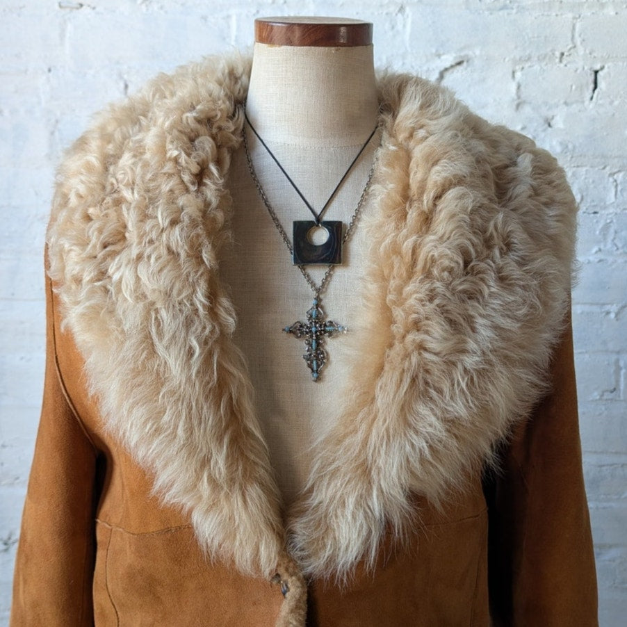 Vintage Orange Suede Penny Lane Fur Jacket Groovy Boho Furry Western Trench Coat