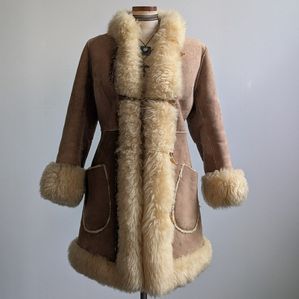 Vintage Brown Suede Fur Coat Boho Tan Leather Penny Lane Jacket Fur Trim Medium