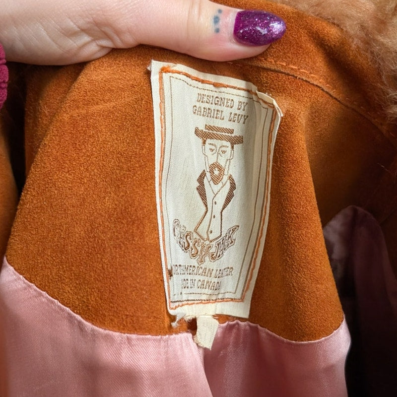 Vintage Orange Suede Penny Lane Afghan Trench Coat Fur Trim 70s Leather Jacket S
