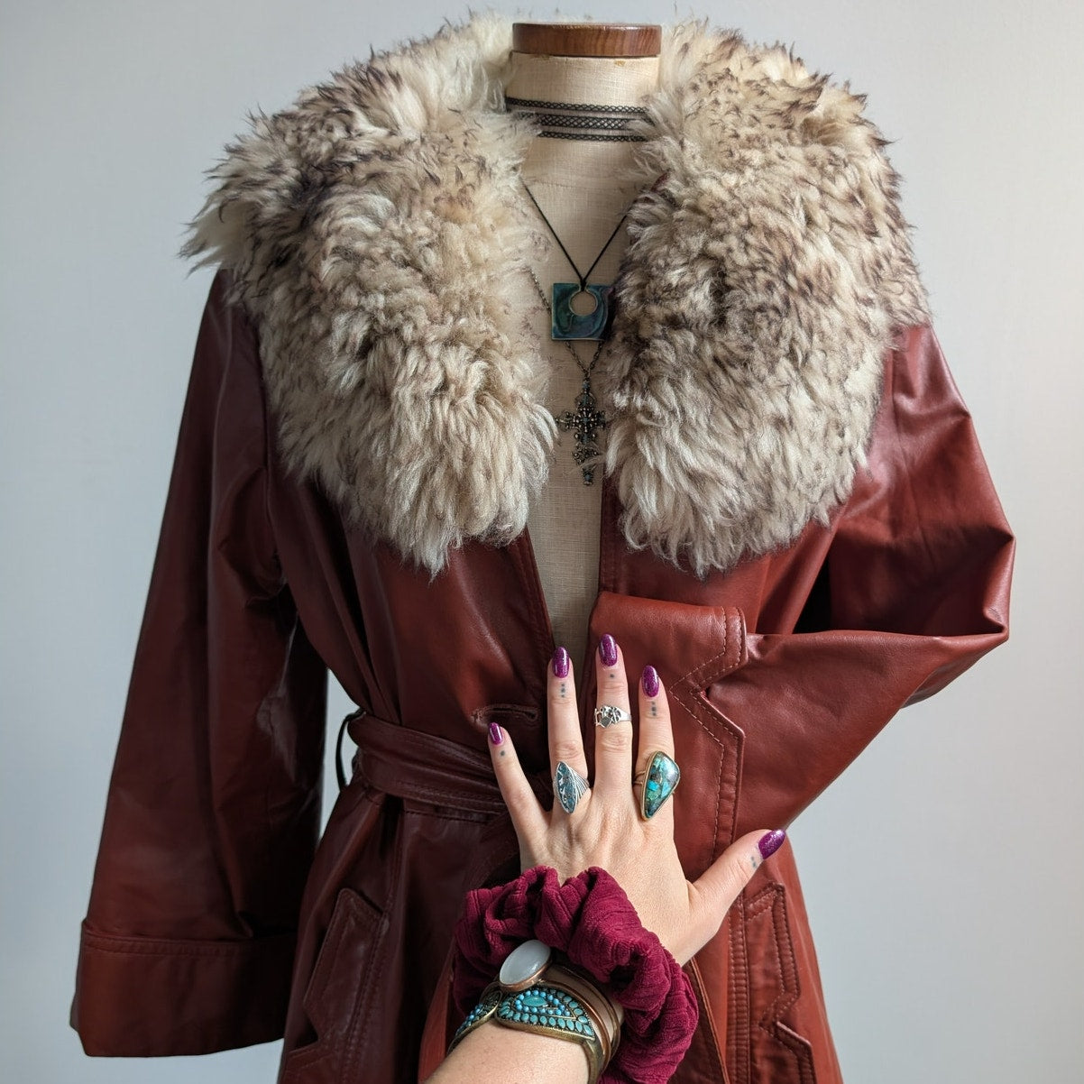 Vintage Leather Jacket Fur Trim Red 70s Penny Lane Boho Trench Afghan Coat Large