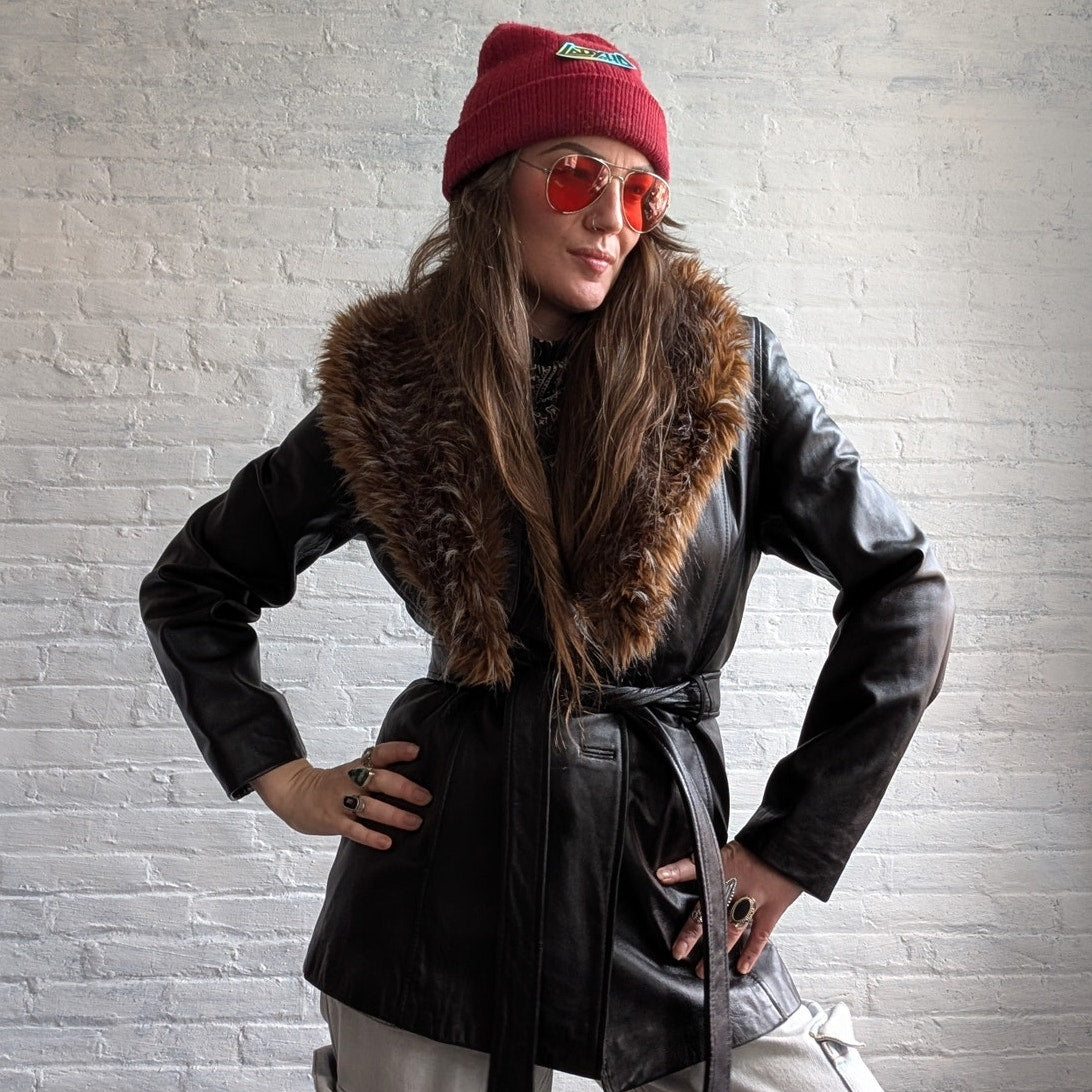 Vintage Black Minimalist Leather Fur Coat Penny Lane Chic Goth Furry Moto Jacket