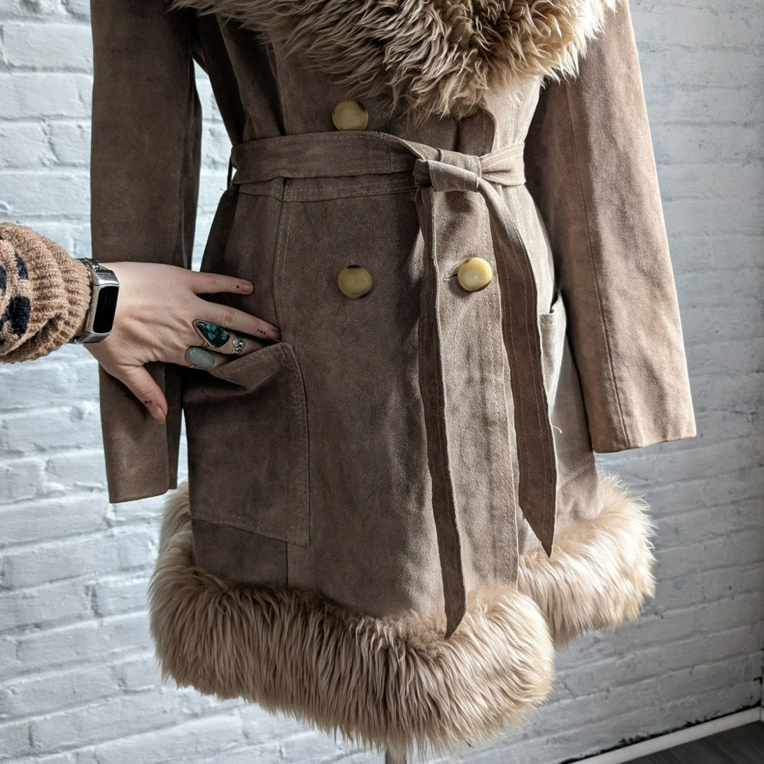 70s Vintage Brown Leather Penny Lane Coat Tan Suede Fur Groovy Boho Afghan Coat