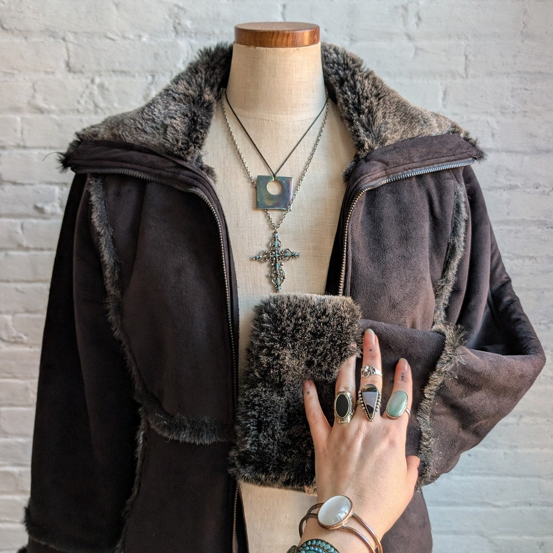 Vintage Black Faux Fur Afghan Penny Lane Jacket Shaggy Furry Boho Trench Coat