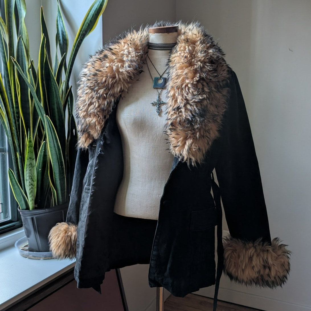 Vintage Black Leather Jacket Suede Fur Coat Penny Lane Trench Boho Afghan Small
