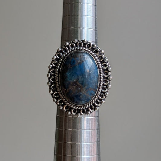Blue Swirl Oval Sterling Silver Ring Retro Vintage Boho Natural Stone Size 6.75