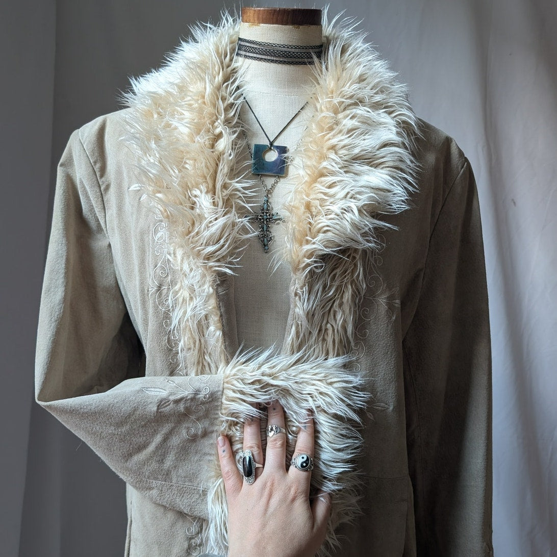 Y2K Vintage Tan Suede Penny Lane Jacket XL Faux Fur Coat Groovy Leather Coat