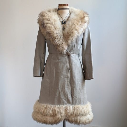 Vintage Leather Penny Lane Coat Grey Cream Fur Trim Trench Afghan Jacket Medium