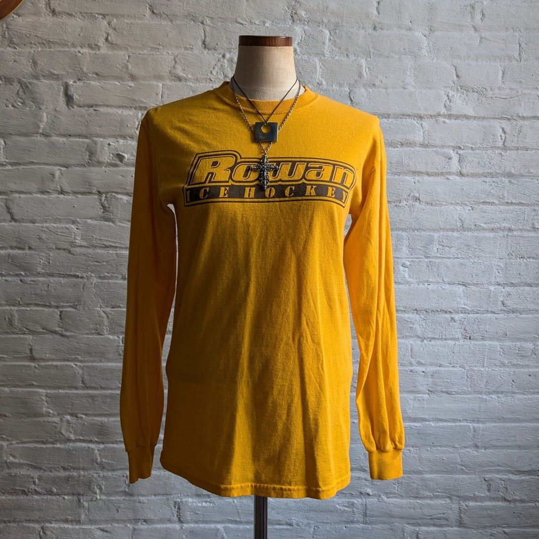 Vintage Yellow Crewneck Tee Hockey Graphic Long Sleeve Retro Tshirt Top Small