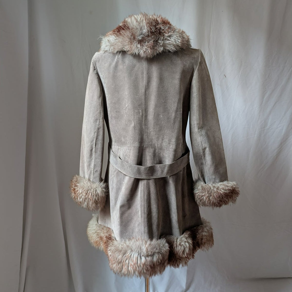 Vintage Suede Penny Lane Fur Trim Jacket M Tan Shearling 70s Leather Trench Coat