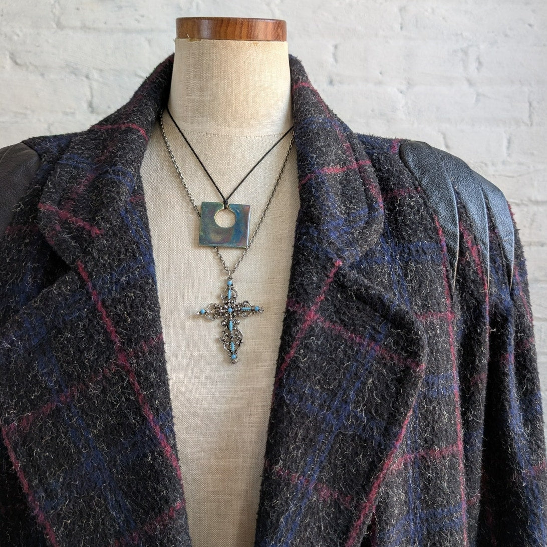 Vintage Black Fuzzy Wool Trench Coat Preppy Plaid Grandpa Sweater Leather Jacket