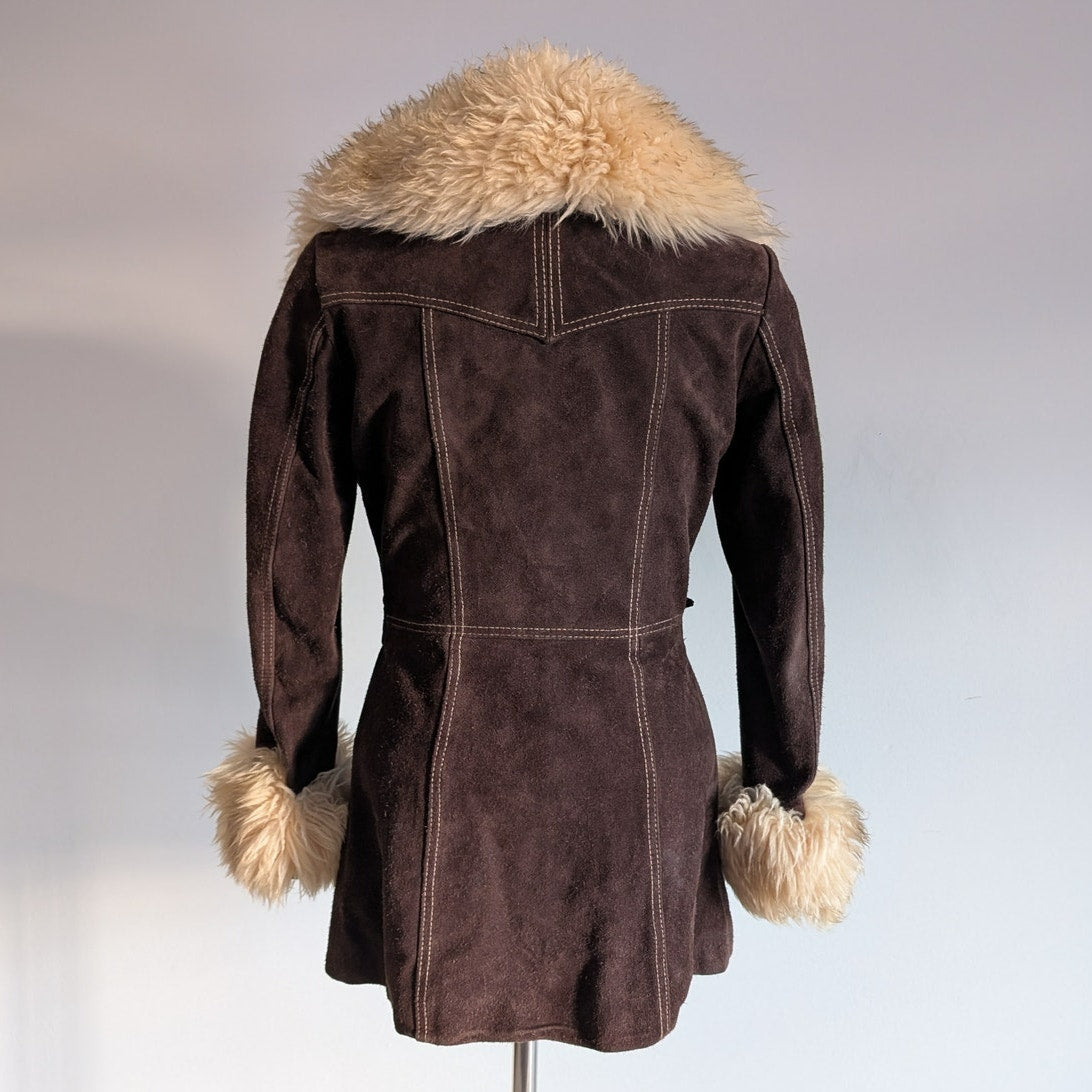 Vintage 70s Brown Suede Jacket Penny Lane Coat Shearling Fur Trim Western Small