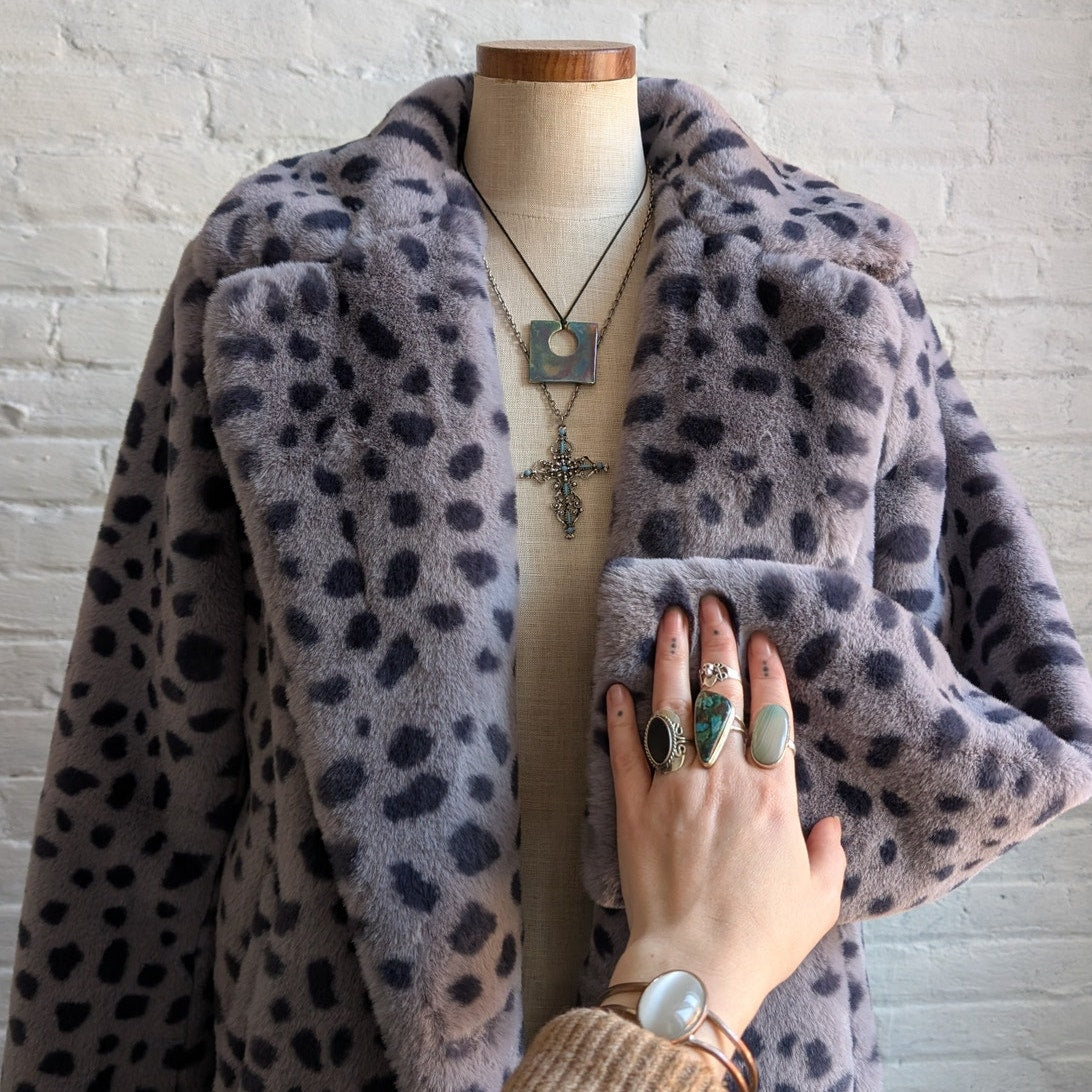 Faux Fur Cheetah Coat Animal Print Fur Trench Coat Shaggy Furry Y2K Jacket Small