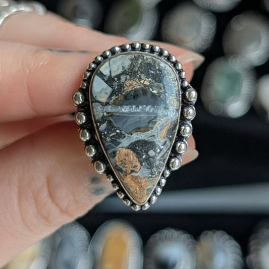 Rusty Red Grey Teardrop Sterling Silver Ring Size 6.5 Retro Vintage Boho Chic