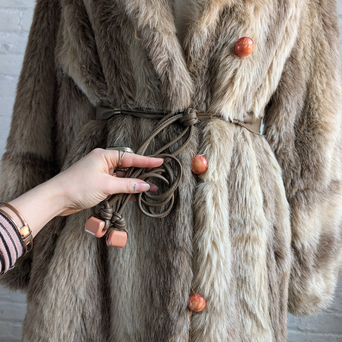 Vintage Neutral Brown Faux Fur Trench Coat Mob Wife Fuzzy Glam Plush Boho Jacket
