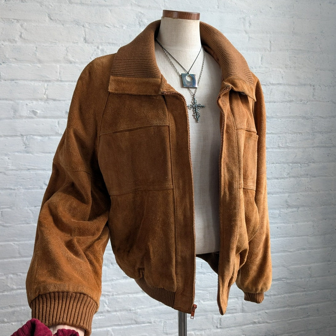 Vintage Orange Genuine Suede Leather Bomber Jacket Rusty Red Western Chore Coat