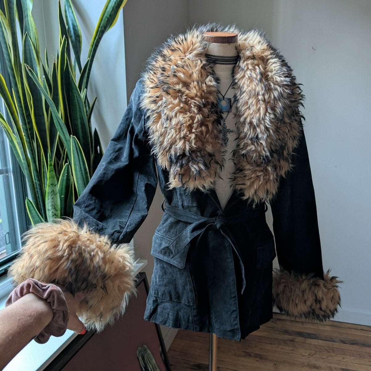 Vintage Black Leather Jacket Suede Fur Coat Penny Lane Trench Boho Afghan Small