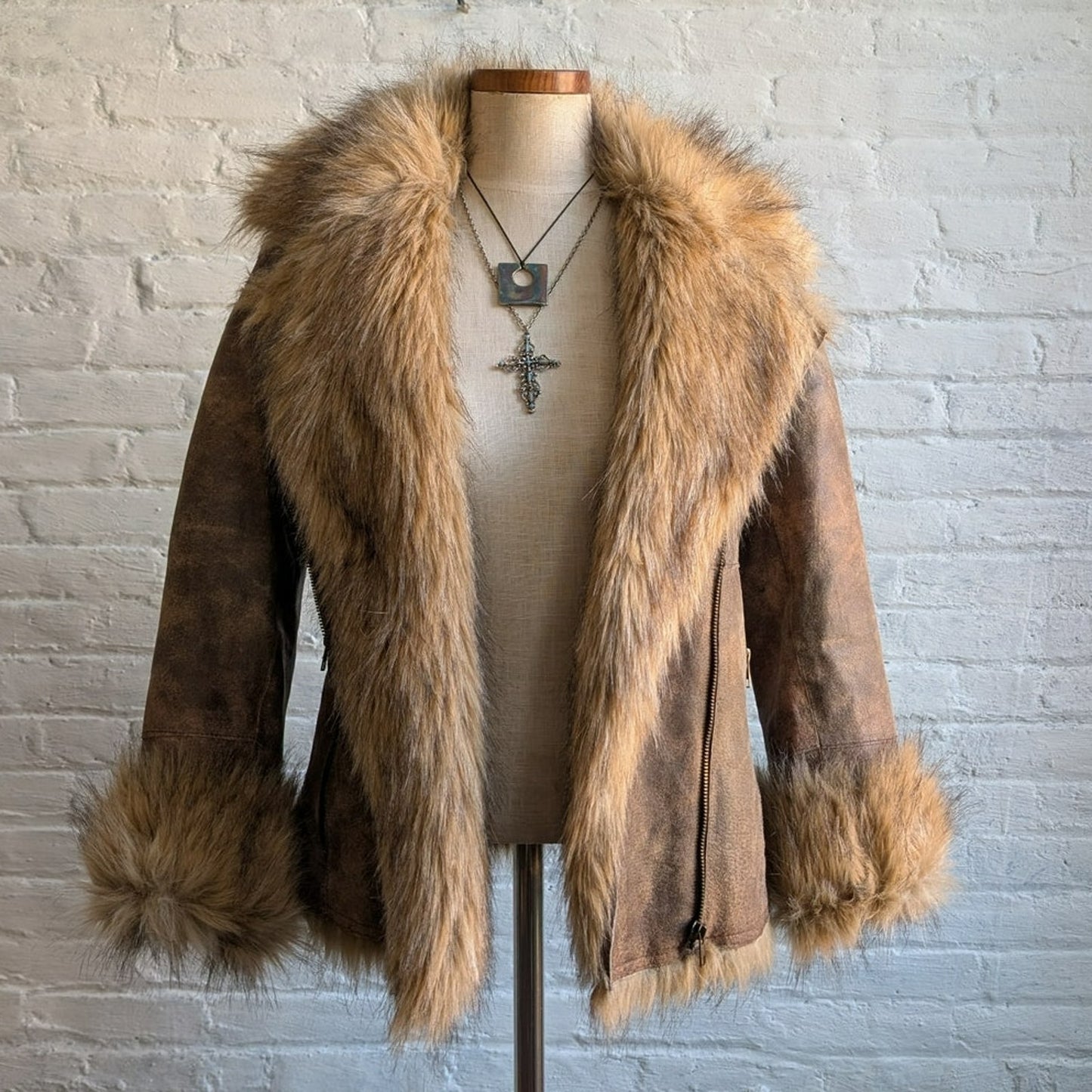 Vintage Brown Leather Fur Penny Lane Jacket Groovy Afghan Almost Famous Y2K Coat