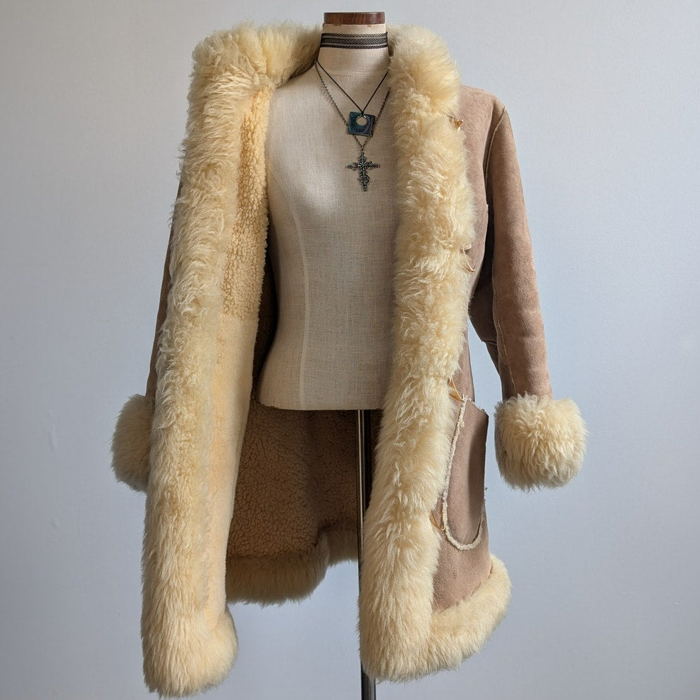 Vintage Brown Suede Fur Coat Boho Tan Leather Penny Lane Jacket Fur Trim Medium