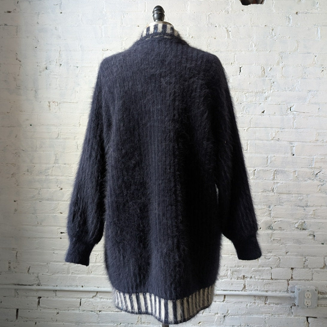 Vintage Blue Stripe Knit Sweater Jacket Furry Mohair Cardigan Granny Coat Medium