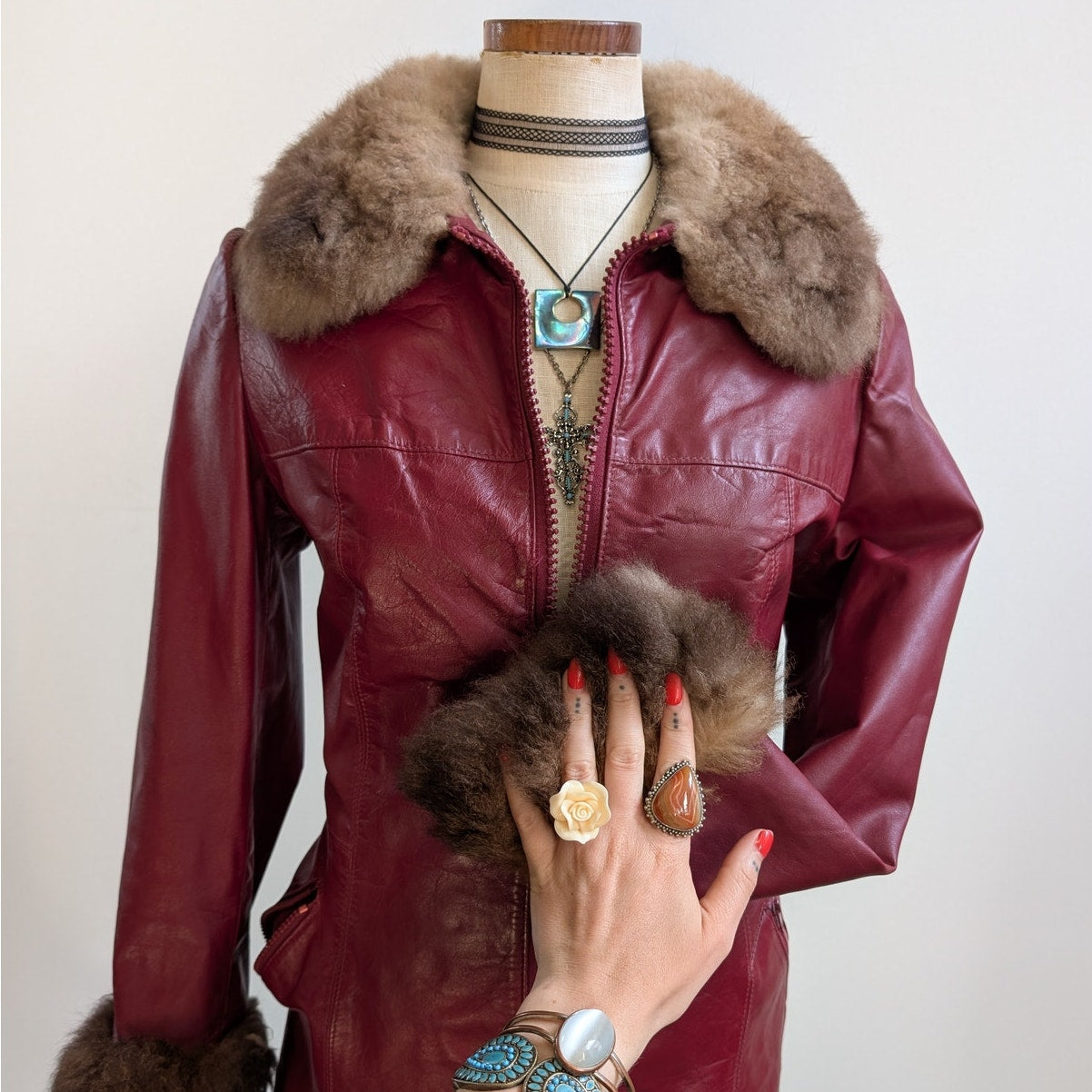 Vintage Red Leather Jacket Penny Lane Fur Trim Coat Grunge Boho Bomber Medium