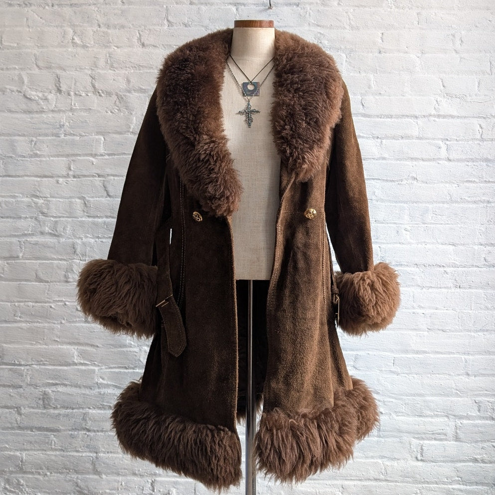 70s Brown Suede Jacket Penny Lane Fur Furry Leather Groovy Vintage Trench Coat