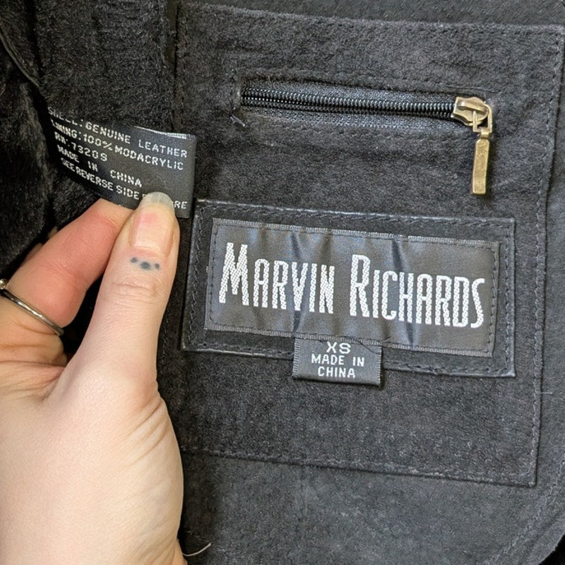 Vintage Black Suede Leather Penny Lane Coat Faux Fur Trench Minimalist Jacket