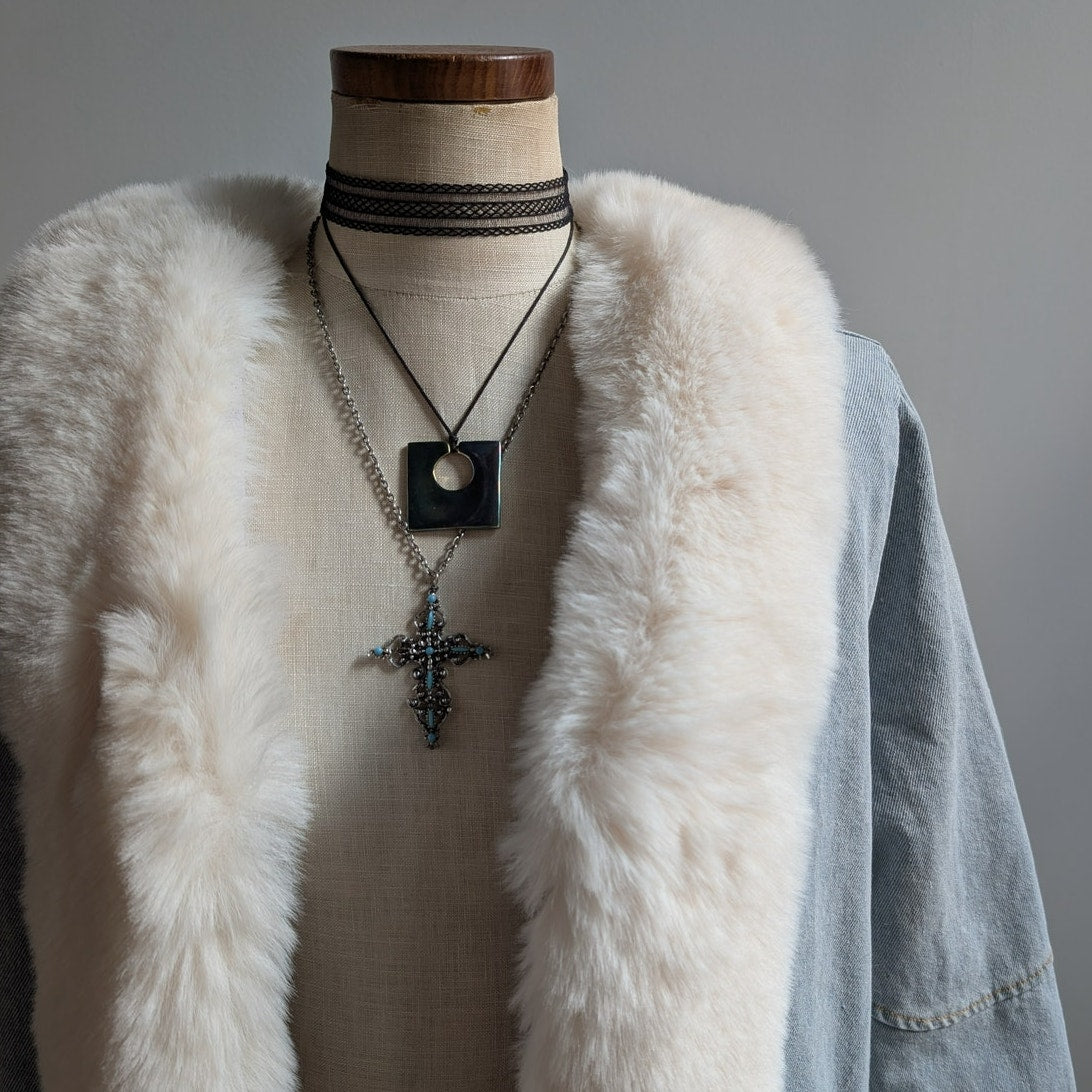 Y2K Faux Fur Penny Lane Afghan Coat Denim Trench Coat 90s Boho Jean Jacket Med