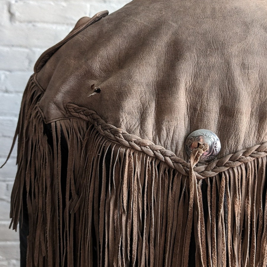 Vintage Brown Black Leather Biker Jacket Fringe Concho Motorcycle Western Duster