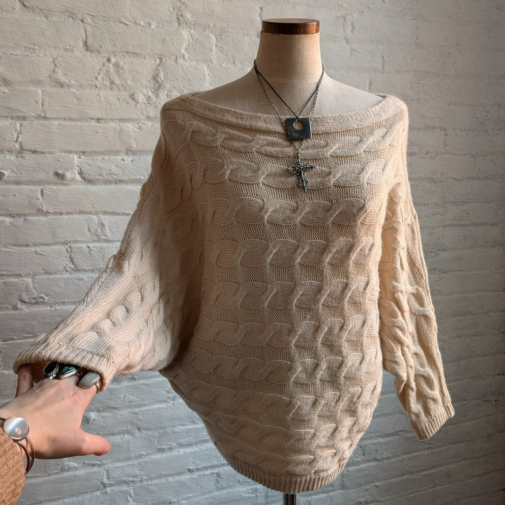 Y2K Mohair Cream Chunky Cable Knit Sweater Hippie Boho Woven Femme Neutral Top
