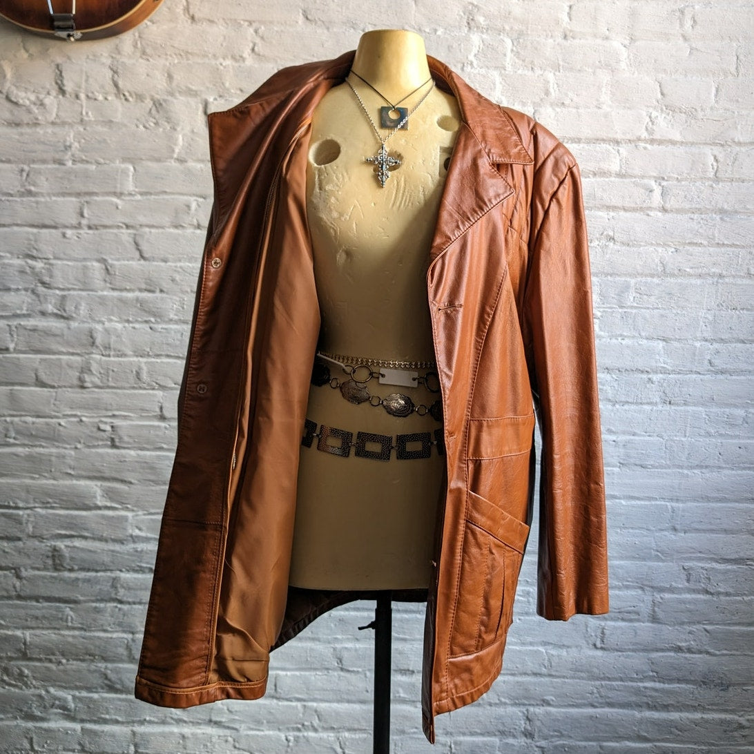 Vintage Rust Orange Leather Trench Coat Western Duster Red 70s Leather Jacket 2X