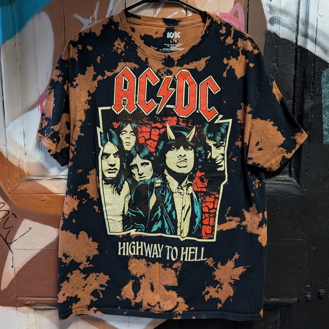 70s Retro Black Distress Graphic Print Concert Band Tee ACDC Rock Acid Wash Top