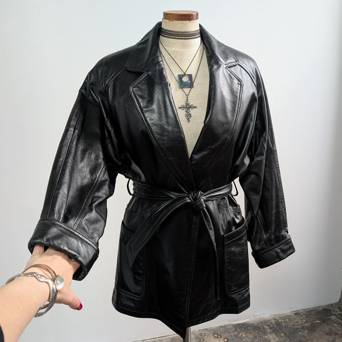 Vintage Black Leather Jacket Trench Coat Minimalist Goth Moto Biker Jacket Small