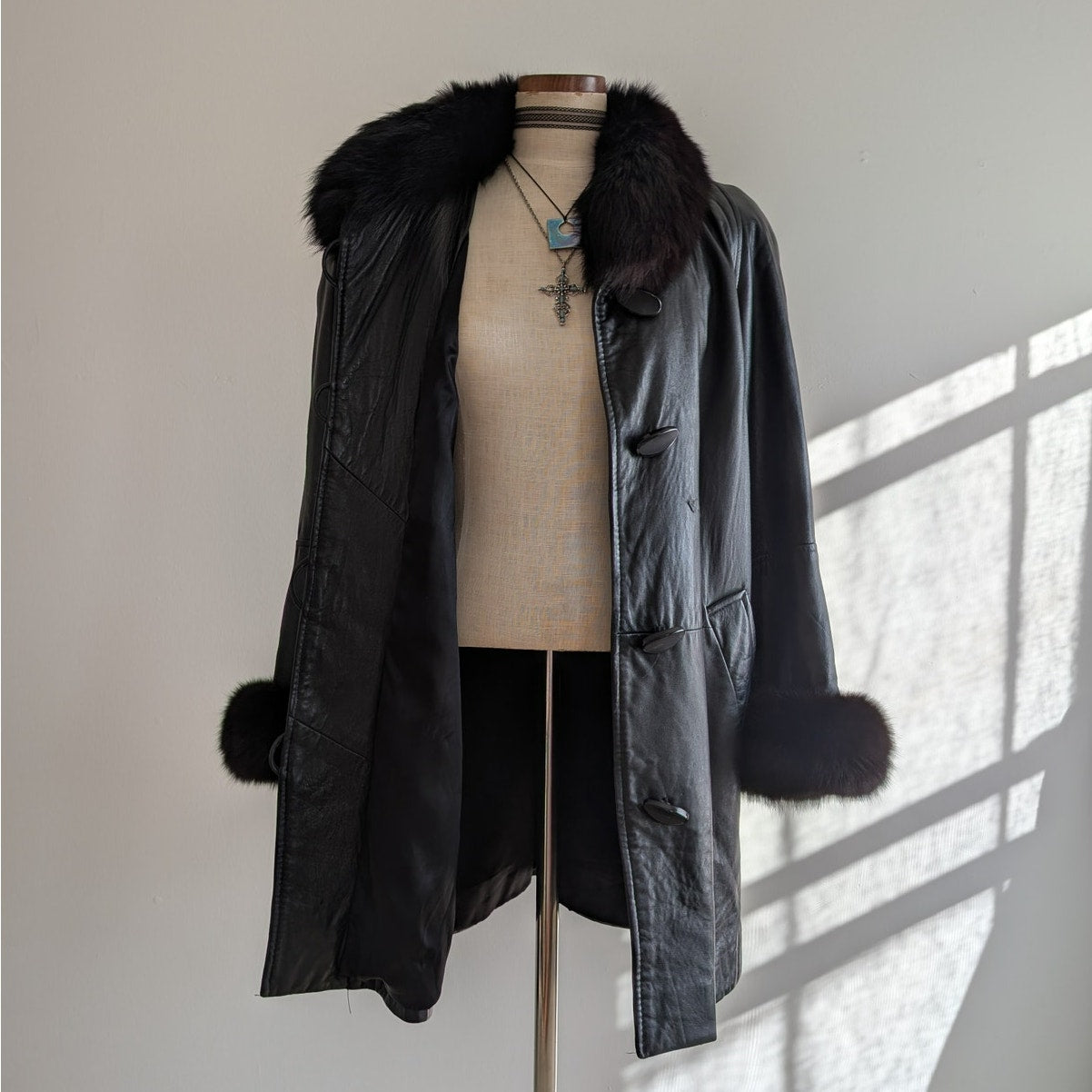 Vintage Black Leather Penny Lane Jacket Fur Trim Goth Afghan Trench Coat Small