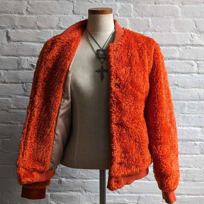 Uniqlo Faux Fur Orange Coat Fuzzy Bomber Indie Retro Statement Preppy Jacket