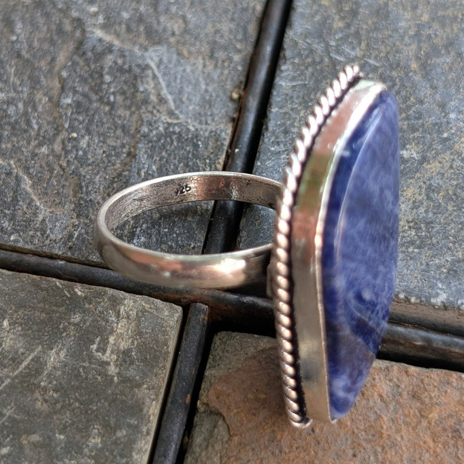 Vintage Silver Chunky Statement Ring Sz 9.5 Navy Blue Moody Groovy Southwest