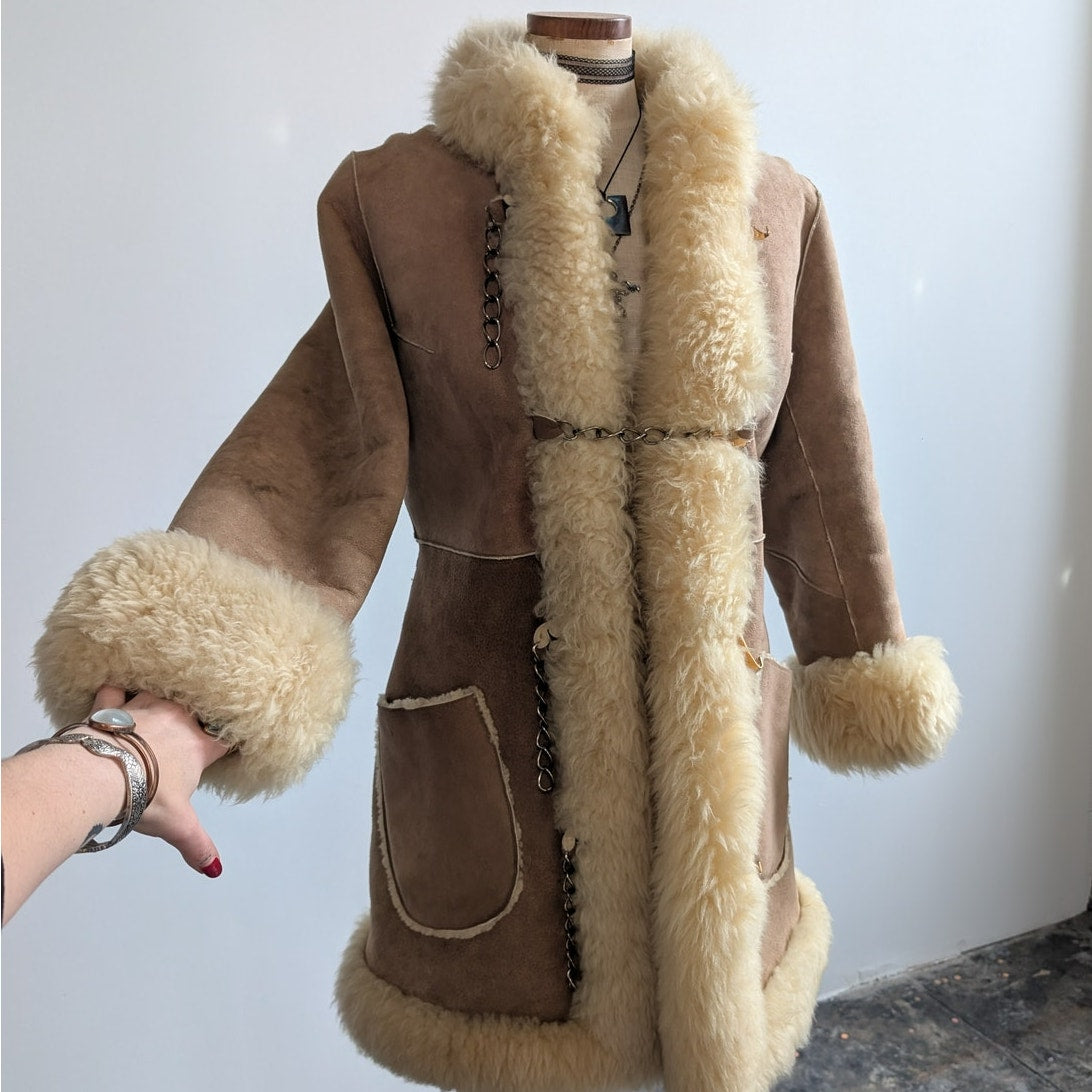 Vintage Brown Suede Fur Coat Boho Tan Leather Penny Lane Jacket Fur Trim Medium