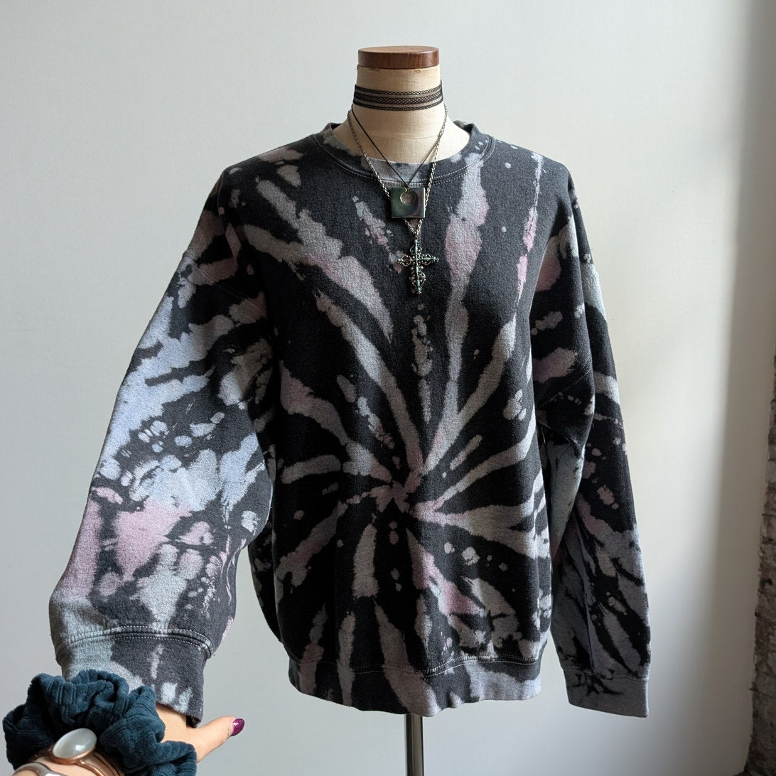 Vintage Black Custom Bleach Sweatshirt Distressed Tie Dye Festival Sweater Large