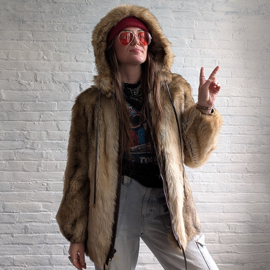 Vintage Brown Faux Fur Coat Groovy Shaggy Retro Mob Wife Boho Penny Lane Jacket