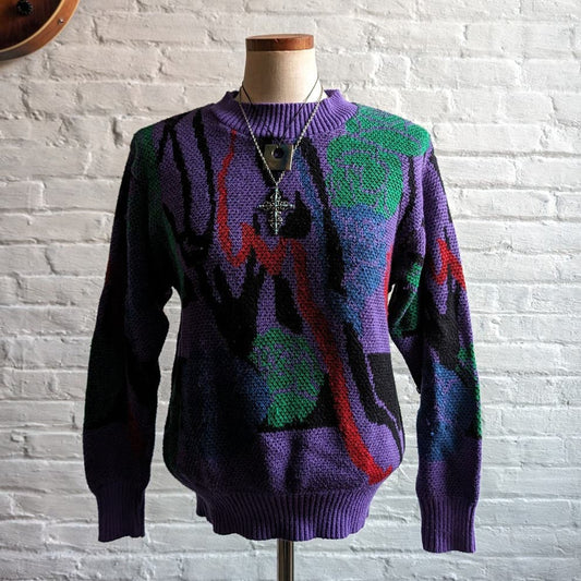 80s Vintage Purple Chunky Knit Grandpa Sweater Abstract Coogi Style Granny Top