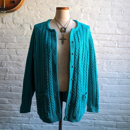 Vintage Teal Chunky Cable Knit Cardigan Minimalist Grannycore Grandpa Sweater