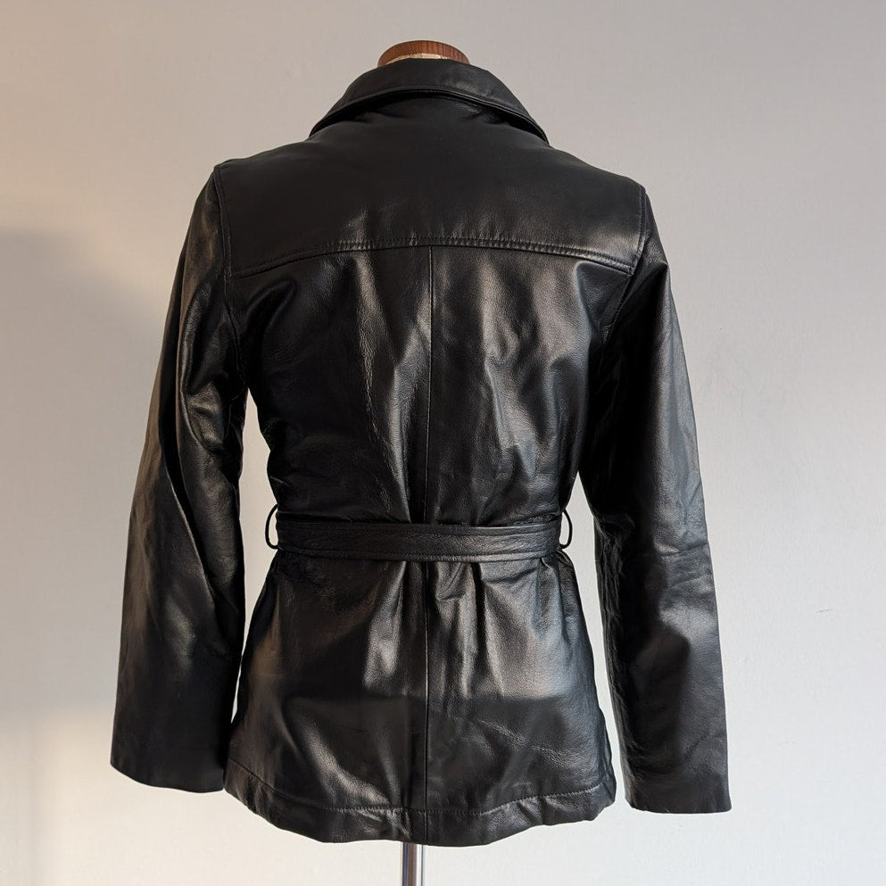 Vintage Black Genuine Leather Trench Coat Minimalist Goth Duster Jacket Small