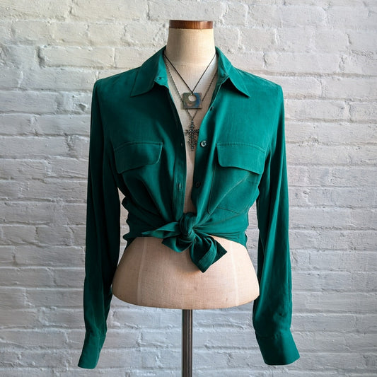 NWT Vintage Green Silk Top Button Front Blouse Earthy Hunter Sage Green Medium
