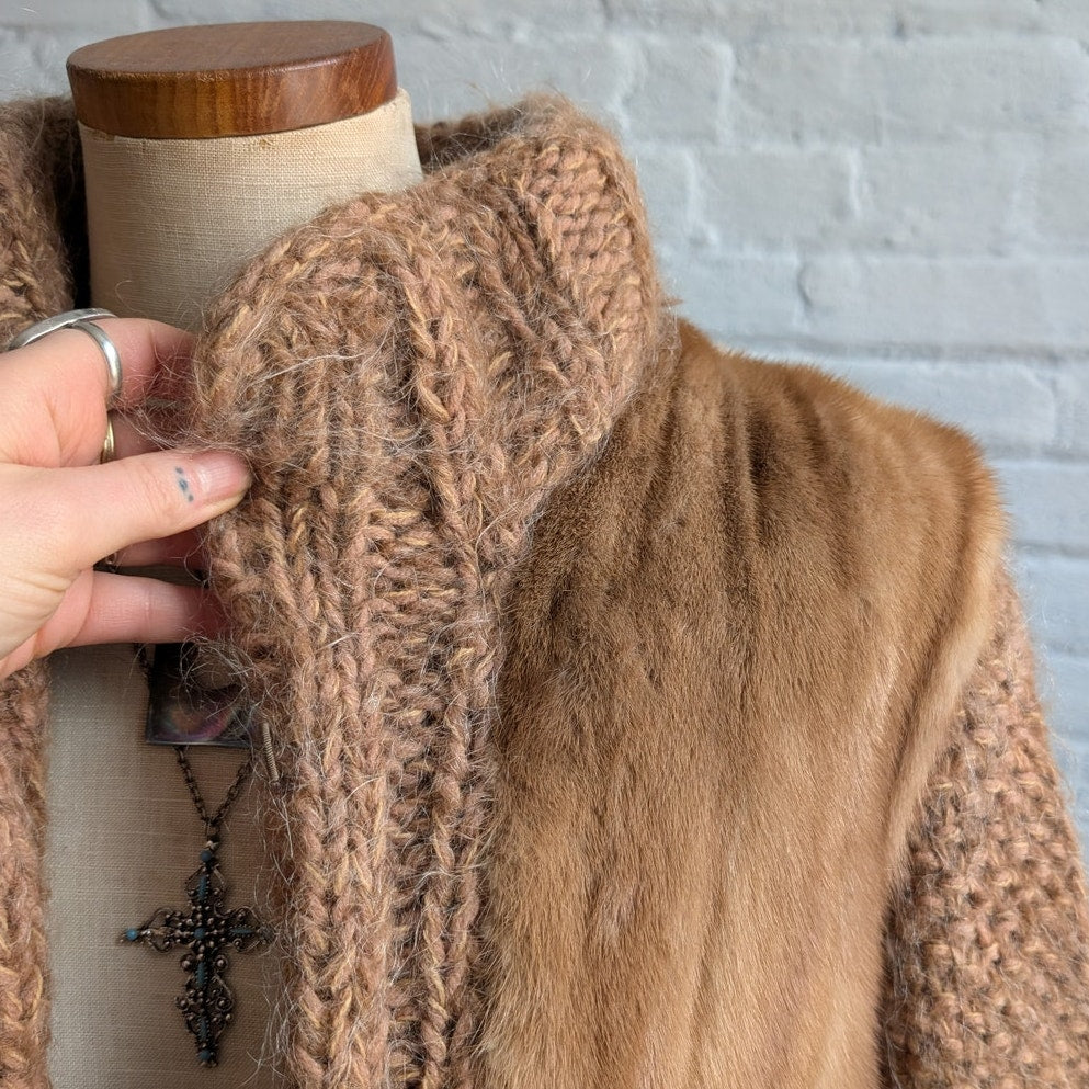 Vintage Chunky Knit Mink Fur Coat Mohair Sweater Vest Minimalist Boho Jacket