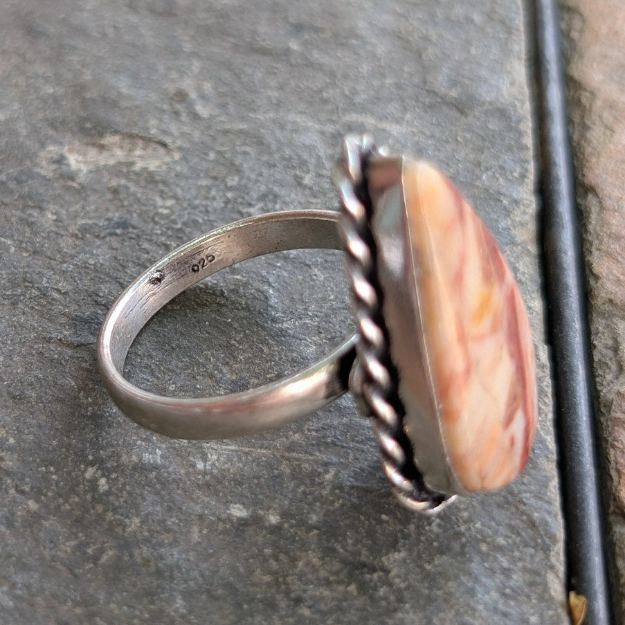 Cream Red Boho Statement Ring Teardrop Silver Vintage Groovy Southwest Size 8.75